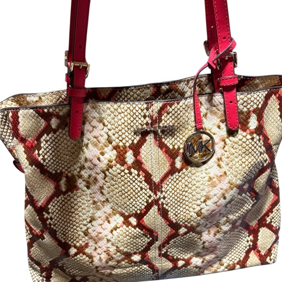 MICHAEL KORS BROWN LENOX LARGE PYTHON EMBOSSED TOTE RED - Picture 6 of 7